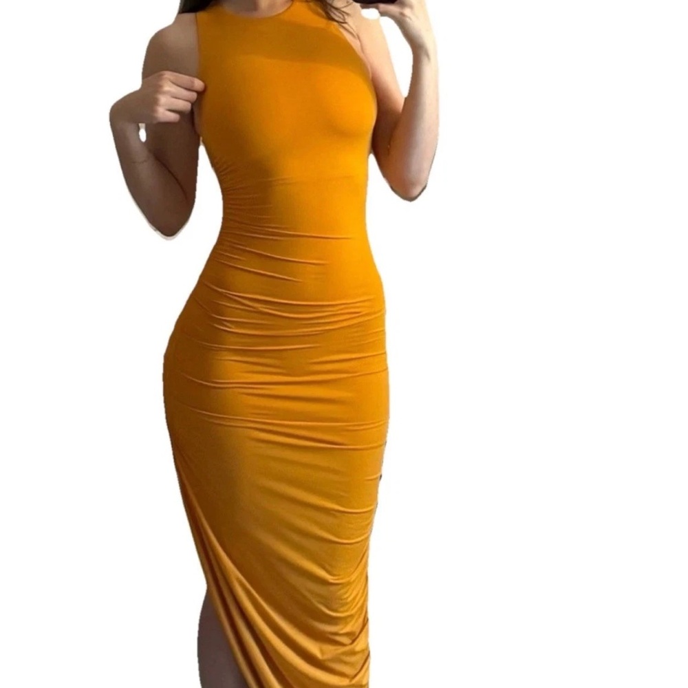 Zara fitted bodycon orange draped ruched Sleeveless Dress